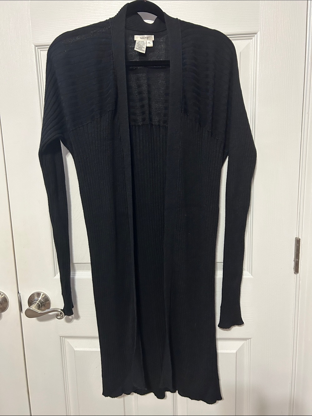 Sophie Max Black Long Open-Front Ribbed Cardigan